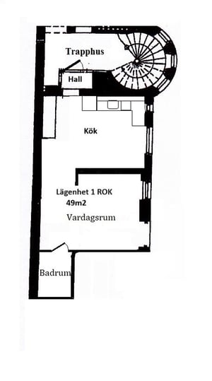 Lägenhetsplan för en 1 rok på 49 m2 med trapphus, hall, kök, vardagsrum och badrum