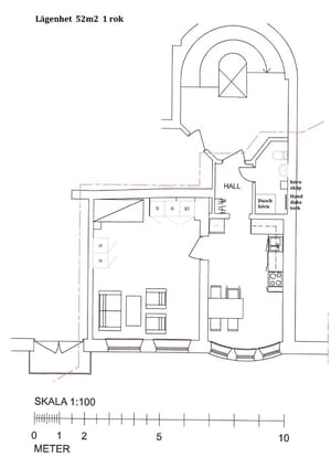 Bostadsplanritning för lägenhet 52 kvm med 1 rum, hall, kök och duschhörn