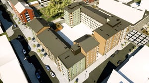 Illustration av bostadskvarter med flerbostadshus, gator och parkeringsplatser från ovan