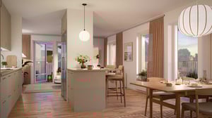 Lägenhet med öppen planlösning, kök och matplats samt stora fönster och balkongdörr