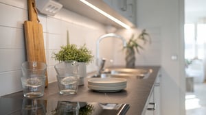 Modernt kök med bänkskiva, diskho, träskärbräda, två glas och en liten växt