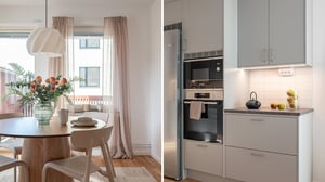 Inflyttningsklar lägenhet med ljus matplats, kök med integrerade vitvaror och stilrena grå skåp