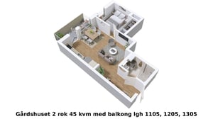 Lägenhet med 2 rum och kök, 45 kvm, balkong och möblerad planlösning