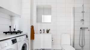 Inflyttningsklar badrumsmiljö med tvättmaskin, kommod, dusch och toalett