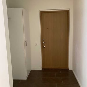 Inflyttningsklart hallutrymme med mörkt klinkergolv, vit garderob och en brun ytterdörr