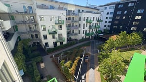 Innergård med flerbostadshus, balkonger och grönskande trädgård