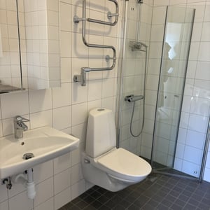 Badrum med duschhörna, toalett och handfat