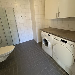 Badrum med duschhörna, toalett och tvättmaskin samt torktumlare