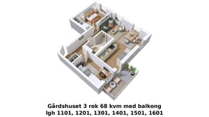 3D-illustration av en lägenhet med tre rum, kök och balkong