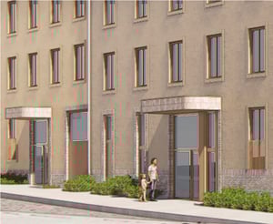 Illustration av bostadshus med entréer och två personer utanför