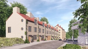 Illustration av nya bostadshus i bebyggelse med röda tak, grönska och gårdsmiljö