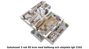3D-illustration av en trea på 85 kvm med balkong och uteplats