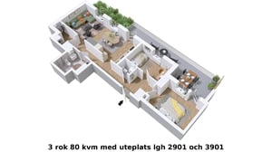 3D-illustration av lägenhet med 3 rum och kök, 80 kvm, med uteplats, vardagsrum, kök och två sovrum