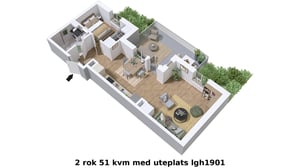 3D-illustration av lägenhet med två rum och kök samt uteplats