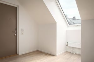 Inflyttningsklar lägenhet med ljusa väggar, trägolv, takfönster och entrédörr