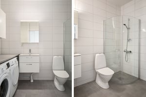 Badrum med toalett, dusch, handfat och tvättmaskin