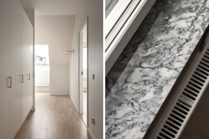 Inflyttningsklar lägenhet med ljus hall, garderober och marmorerad fönsterbänk