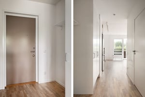 Inflyttningsklart lägenhet med ljus hall, vita väggar och parkettgolv