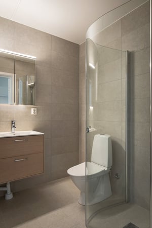 Badrum med toalett, duschvägg i glas och kommod med handfat