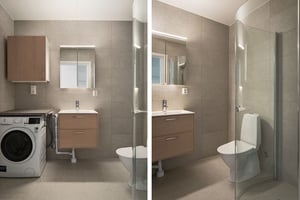 Badrum med grå kakelväggar, tvättmaskin, kommod och duschvägg