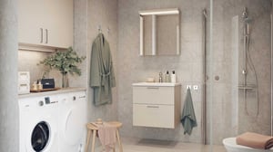 Modernt badrum med tvättmaskin, dusch och förvaringsskåp