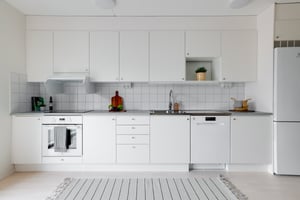 Inflyttningsklar lägenhet med vitt kök, spis, diskmaskin och kylskåp