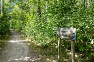 Skogsstig med vägskylt mot Brandkärr, Hängbro och Paradiset