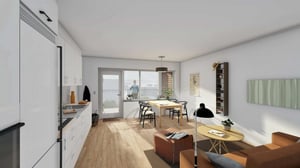 Inflyttningsklart vardagsrum med kök, matplats och ljusa trägolv