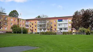 Bostadshus med stora gräsytor och träd i förgrunden