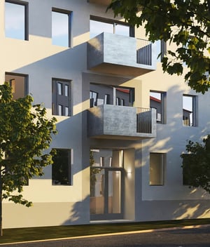 Flerfamiljshus med balkonger och stora fönster