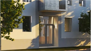 Fasad på ett modernt flerbostadshus med entré och flera fönster, inramad av träd i förgrunden