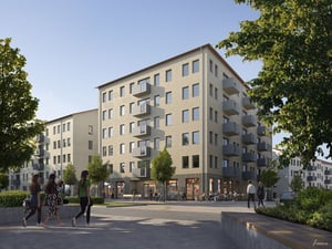 Flerfamiljshus med balkonger och människor som promenerar i området