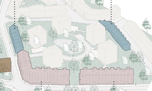 Illustration av bostadsområde med flera flerbostadshus och grönområden