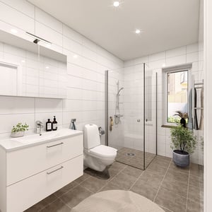 Badrum med dusch, toalett och tvättställ i modern stil