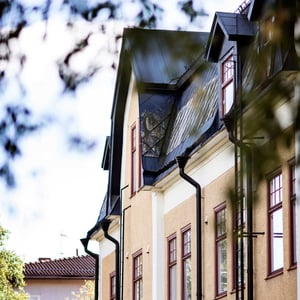 Fasad på bostadshus med flera fönster och mörkt tak, delvis sedd genom trädgrenar