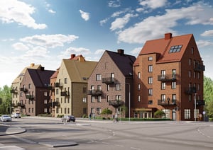 Flerbostadshus och balkonger vid en gata