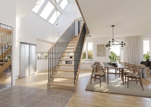 Lägenhet med öppen planlösning, trappa, kök och matplats