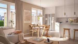 Ljust och stilrent inflyttningsklart kök och vardagsrum med matplats, vita skåp och stora fönster