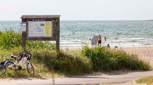 Strand med badande personer, informationsskylt och cyklar vid havet