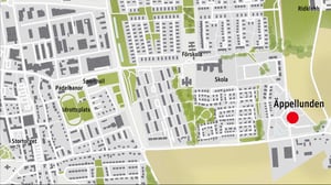 Karta över Äppellunden med markerad plats nära skola, förskola, idrottsplats och Ridklubb