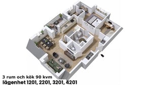 Inflyttningsklar lägenhet med 3 rum och kök, 90 kvm