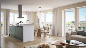 Lägenhet med öppen planlösning, köksö och stora fönster