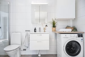 Inflyttningsklart badrum med toalett, dusch, handfat och tvättmaskin