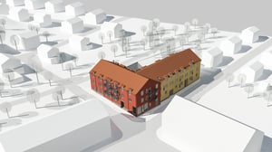 Illustration av ett flerbostadshus i rött och gult med innergård, omgivet av vita modellhus