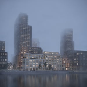 Dimma över moderna bostadshus och höga kontorsbyggnader vid vattnet i Göteborg