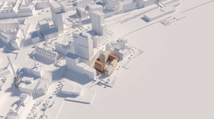 Illustration av en stadsmodell med flera vita byggnader och ett fåtal brunfärgade hus