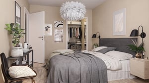 Inflyttningsklart sovrum med dubbelsäng, garderob och ljusa väggar