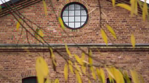 Rött tegelhus i Västerås med runt fönster och gula löv i förgrunden