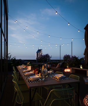 Uppdukat bord på en terrass i kvällsljus med hängande ljusslingor och utsikt mot stadssiluett