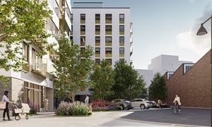 Illustration av bostadskvarter med flerbostadshus, träd, parkerade bilar och människor på gården